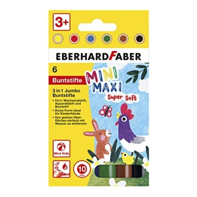 Abbildung von Eberhard Faber 518905 Jumbo Buntstifte 3in1 mit Wachsmalstift, Aquarellstift und Buntstift, Mini Maxi, 6 Malstifte