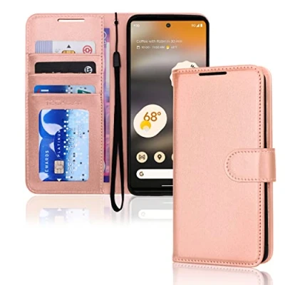 Abbildung von TECHGEAR Leder Hülle Pixel 6a, PU Flip Case Schutzhülle Ledertasche [Brieftasche] Handyhülle mit Ständer und Handschlaufe Beutel kompatibel Google 6a Rose Gold
