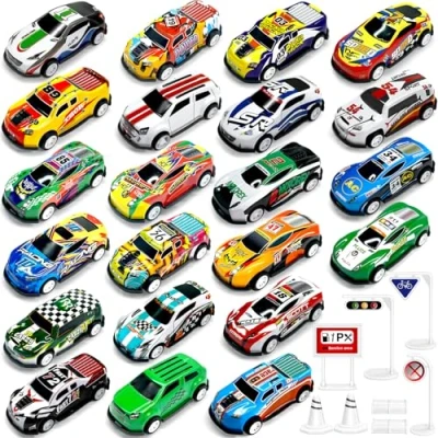 Abbildung von TOYABI Auto Spielzeug Set, Spielzeugautos Metall, 22 Stück Kleine Spielzeugauto mit 8 Straßensperre, Autos Zurückziehen Fahrzeuge, Weihnachten Geburtstag Geschenk für Kinder ab 3 4 5 6 7 Jahre