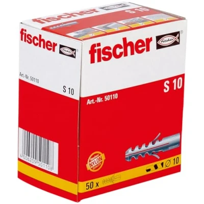 Abbildung von fischer Spreizdübel S 10, Dübel mit 2 fach Spreizung zum Befestigen von Bildern, Briefkästen, Leuchten, uvm. in Beton, Vollziegel und Naturstein, 50 Stück