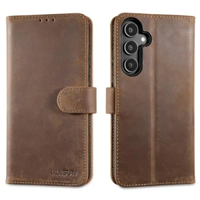 Abbildung von LENSUN Echtleder Hülle für Samsung Galaxy A35, Handyhülle [Echtes Leder][Brieftasche][RFID Blocker] Handytasche Lederhülle Flip Cover A35 5G Vintage Dunkelbraun