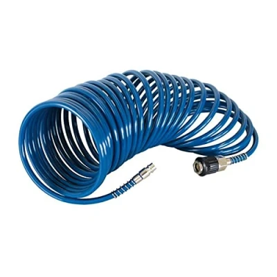 Abbildung von Scheppach Spiralschlauch 10m blau 1/4 Zoll Stecknippel Druckluftschlauch passend für Kompressoren Druckluftspiralschlauch mit Schnellkupplung