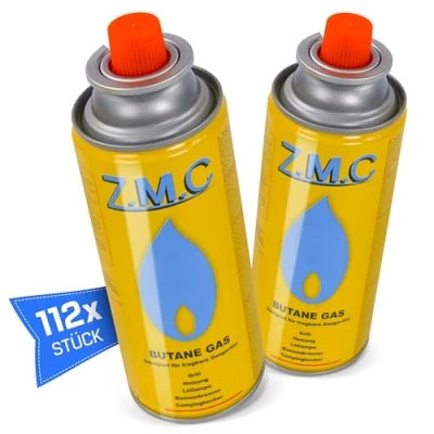 Abbildung von ZMC Gaskartusche Butan Gas Kartusche 227g Butangas Bajonett Anschluss Gaskartusche, Zubehör für Gaskocher Campingkocher Brenner Gasheizung Gasbrenner, 112 St., MSF 1a Gaskartuschen Campinggas Bunsenbrenner