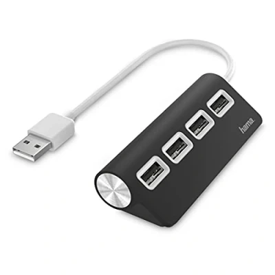 Abbildung von Hama USB Hub mit 4 A Ports, Stecker, 480 Mbit/s, 15 cm Kabellänge Adapter Typ A, cm, Verbinden von PC, Notebook, Tablet Stick, Tastatur, Drucker