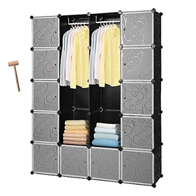 Abbildung von Lospitch Kleiderschrank, Tragbarer Regalsystem, 20 Würfel DIY Regalsystem Kleiderschrank Offen Kunststoff Garderobe mit Türen Garderobenschrank Schwarz 180 x 142 37CM
