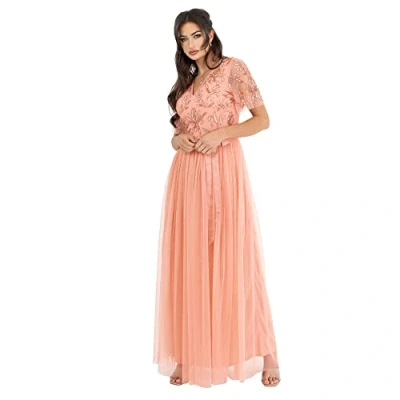 Abbildung von Maya Deluxe Damen Womens Maxi Dress Ladies Ball Gown for Wedding Guest Embellished Tie Waist V Neck Bridesmaid Prom Evening Occasion Kleid, Apricot Blush,