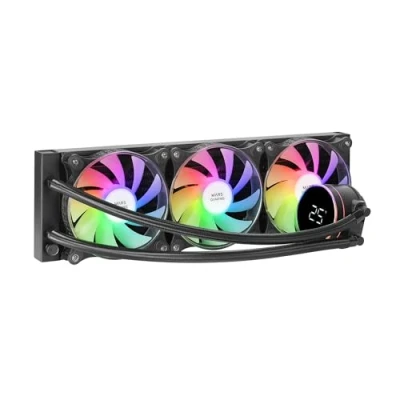 Abbildung von MARSGAMING ML LCD360, AIO Flüssigkeitskühlung, TDP 600W, 3X FDB ARGB 120mm Lüfter, LCD Display mit Temperaturüberwachung, Opti Chamber 3rd Gen Pumpe, Universeller Multisocket, Schwarz