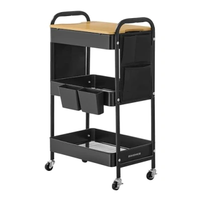 Abbildung von SONGMICS Rollwagen, Küchenwagen, 3 Metallgitterablagen, Servierwagen, 2 abnehmbare Hängebehälter, Organizer, für Büro, Küche, Wohnzimmer, Badezimmer, tintenschwarz LRC036B01