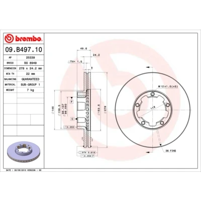 Abbildung von BREMBO 09.B497.10 Bremsscheibe 278 24,2 5 innenbelüftet