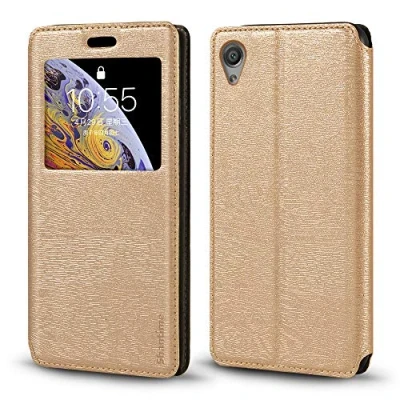 Abbildung von Shantime Sony Xperia X F5121 Hülle, Holzmaserung Leder Hülle mit Kartenfach und Fenster, Magnet Flip Cover für Dual F5122 Gold