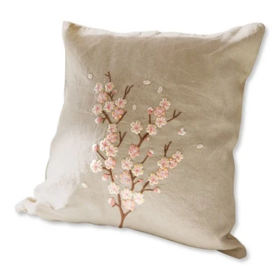 Abbildung von Loberon Kissenhülle Carrol, handbesticktes Blumenmuster, natürlicher Look, Kissenbezug mit Knopf Verschluss, Wohntextilien, Ostern, Ostertextilien, Leinen, beige