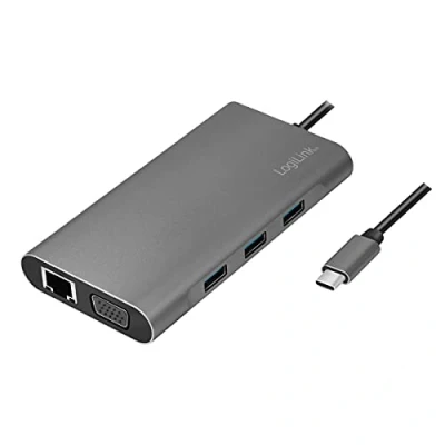 Abbildung von LogiLink UA0383 USB 3.2 (Gen 1) Dockingstation mit 10 Ports und PD (Power Delivery) 100W, 1x C (PD) / 3X 3.0 HDMI VGA RJ45 microSD SD 3,5mm Audio/Silber