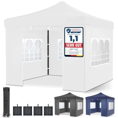 Abbildung von ONBEST Faltpavillon 3x3m Großer Eingang Wasserdicht Pop up Gestell Seitenwänden mit 3x3 Fenstern Zusätzlich Tasche Faltbarer Outdoor Pavillon (Weiß)