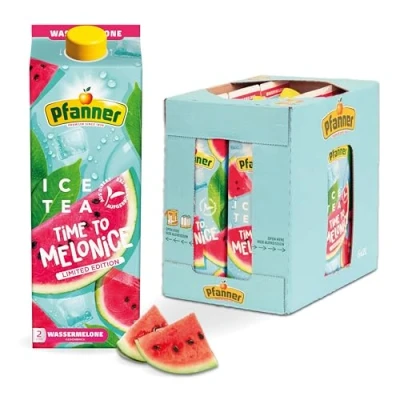 Abbildung von Pfanner Eistee Wassermelone im Vorratspack Direkt aufgebrühter Früchtetee mit Wassermelonensaft verfeinert (6 x 2 l)