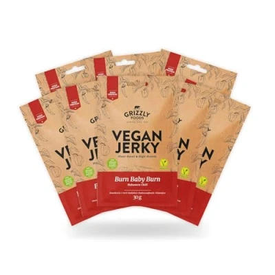 Abbildung von Grizzly Foods Vegan Jerky Burn Baby (8 x 30g) Pflanzliches Beef Veganes Trockenfleisch High Protein Snack Ideal für Unterwegs, Büro, Sport