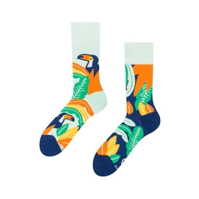Abbildung von Dedoles Socken Unisex Damen Herren &amp; Kinder Baumwolle viele lustige Designs Fussball Fahrrad Pferde Geschenk links rechts verschieden, Farbe: Mehrfarbig, Motiv: Tukan und Blätter, Gr. 39 42