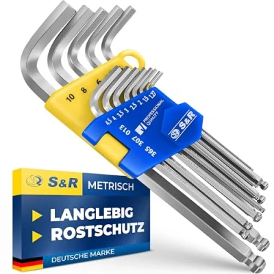 Abbildung von S&amp;R Innensechskantschlüssel Satz HX, mit Kugelkopf, Innensechskant LANG, Cr V Stahl gehärtet (Set, 13 tlg 1,27 bis 10 mm), Winkelschlüssel rostfrei, in stabilem Klapp Halter