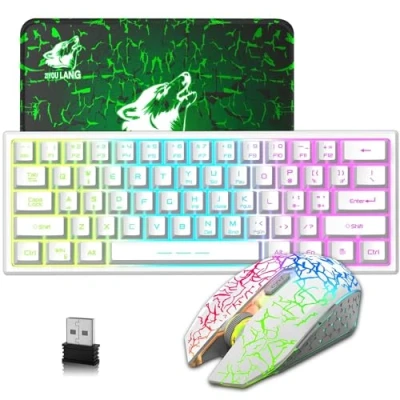 Abbildung von LexonElec 2.4GHz Tastatur Maus Gaming Set Kabellos Beleuchtet, 61 Tasten Regenbogen 3800mAh Wederaufladbare Mechanische Feel Tastatur, 2400 DPI Regenbogenlicht LED 6 Maus, Kompatibel PC Weiß
