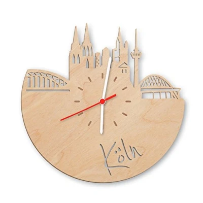Abbildung von GRAVURZEILE Skyline Köln Wanduhr aus Birken Holz Made in Germany Design Uhr Echtholz Wand Deko Birke Originelle Moderne im Dekoration Natur