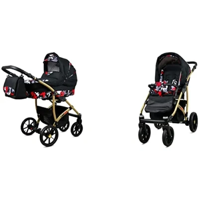 Abbildung von BabyLux Largo 2 in 1 Baby Kinderwagen Tief und mit Zubehör Verstellbar faltbar Aluminiumkonstruktion Wasserdicht Nicht abnehmbare Räder Black Purple Gold Frame
