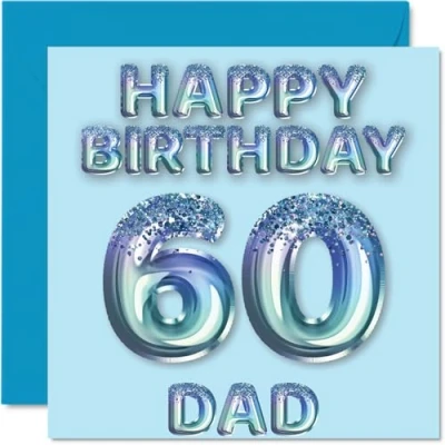 Abbildung von Stuff4 Geburtstagskarte zum 60. Geburtstag für Vater, blaue Glitzer Party Luftballons, Happy Birthday Karten 60 Jahre alten Vater vom Sohn, Tochter, 145 mm x mm, Geburtstagsgrußkarten,