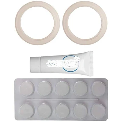 Abbildung von Pflegeset 25444 kompatibel mit Sage, Breville, Gastroback 54mm Siebträger (2x Dichtung 21531, 10x Reinigungstabletten 8203, 10ml Spezialfett)
