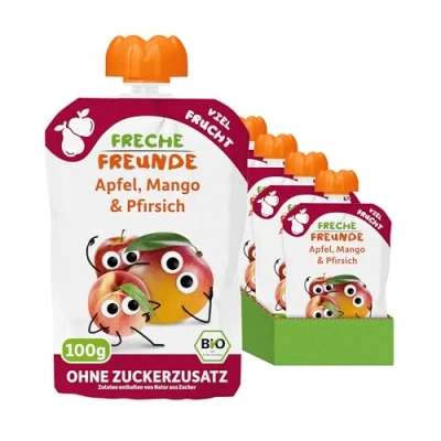 Abbildung von FRECHE FREUNDE Bio Quetschie Apfel, Mango &amp; Pfirsich, Fruchtmus mit Obst im Quetschbeutel für Babys ab dem 6. Monat, vegan, 6er Pack (6 x 100g)