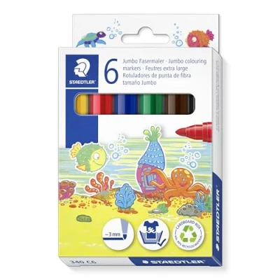 Abbildung von STAEDTLER Noris 340 Jumbo Fasermaler, Speziell für kleine Kinderhände, Kartonetui mit 6 Fasermaler in sortierten Farben, C6