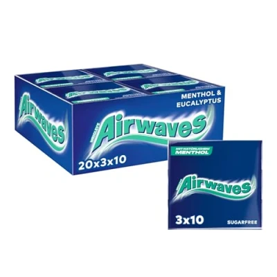 Abbildung von Airwaves Kaugummi, Menthol &amp; Eucalyptus, Blau, zuckerfrei, 20 x 3 Packungen (20 10 Dragees), 600 Kaugummis