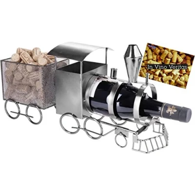 Abbildung von BRUBAKER Weinflaschenhalter Lokomotive mit Korkenbox, (inklusive Grußkarte), Metall Skulptur, Wein Geschenk, Flaschenhalter, Weinhalter