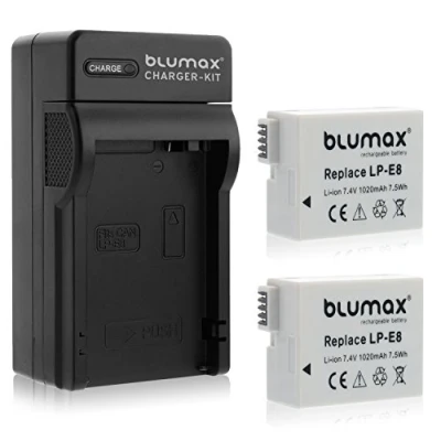 Abbildung von Blumax 2X Kamera Akku für Canon LP E8 Ladegerät inkl. Netzteil und Stecker fürs Auto