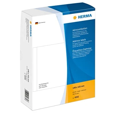 Abbildung von HERMA 4332 Adressetiketten für Schreibmaschinen, 148 x 105 mm, 500 Stück, selbstklebend, matt, einzeln, blanko Papier Adressaufkleber Klebeetiketten Aufkleber, weiß