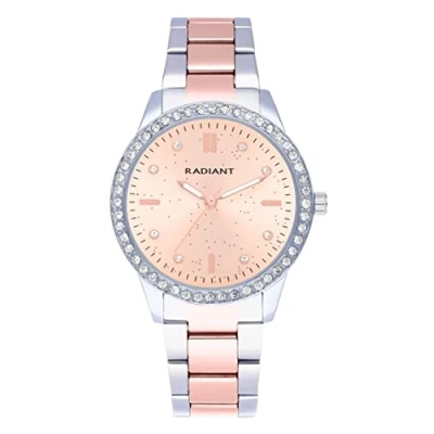 Abbildung von Radiant Universe Kollektion Analog Quarzuhr Armbanduhr für Frauen. Silbernes mit blauem Zifferblatt, silbernem Armband und glänzenden Steinen auf der Lünette. 3ATM.
