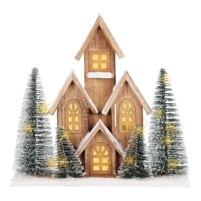 Abbildung von LED Holz Häuserzeile Weihnachtsdorf mit Timer 32 x 30 cm Weihnachts Tischdeko warm weiß beleuchtet Batterie betrieben Advent Deko Holzhaus Aufsteller Stadt