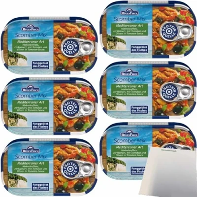 Abbildung von Rügenfisch Scomber Mix Mediterraner Art, Makrelenfilets zerkleinert mit Tomaten und Oliven in Tomatensauce 6er Pack (6x120g Dose) + usy Block