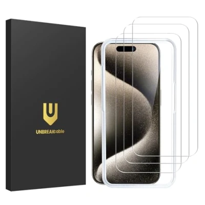 Abbildung von UNBREAKcable 3 Stück Panzer Schutz Glas für iPhone 15 Pro 6,1&quot;, Schutzfolie Apple Pro, 9H Härte Panzerfolie, 99,99% HD Displayschutzfolie, Einfache Installationshalterung, Blasenfrei