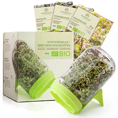 Abbildung von Sprossenglas Keimglas Set mit 3 Bio Sprossen Samen Microgreens Anzuchtset für knackige Keimsprossen (Alfalfa, Mungbohne, Radieschen)
