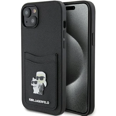 Abbildung von Karl Lagerfeld KLHCP15SSAPKCNPK Hülle für iPhone 15 6.1&quot; Schwarz hardcase Saffiano Cardslot Karl&amp;Choupette Metal Pin