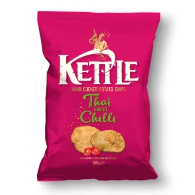 Abbildung von Kettle Chips Thai Sweet Chili 10 x 130 g Tüten, hand frittierte Kessel Chips, knusprige Kartoffelchips mit dem Geschmack von exotischen Gewürzen, feurigem und leichter Süße für den Abend