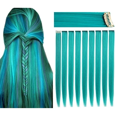 Abbildung von LVSHANGMAO 9 Stück farbige Haarverlängerungen hitzebeständige gerade Party Highlight Haarspange in Haarteilen Halloween Cosplay Weihnachten Haarschmuck (blaugrün)