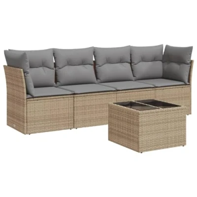 Abbildung von vidaXL Garten Sofa Garnitur 5 TLG., Gartenmöbel Set mit Kissen, Sitzgruppe für Terrasse, Modular Gartensofa Lounge, Beige Poly Rattan