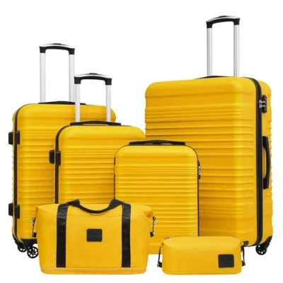 Abbildung von COOLIFE Koffer Set Trolley ABS Hartschale Reisekoffer 4 Rollen TSA Schloss einziehbarer Der Enthält 1 Reisetasche und Kulturbeutel (Gelb/Schwarz, 6tlg)