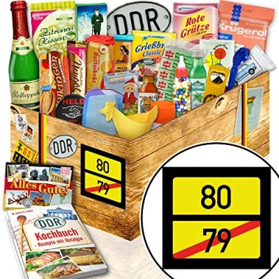 Abbildung von Ortsschild 80 ++ lustige Geschenke 80. Geburtstag Geschenkbox DDR Waren