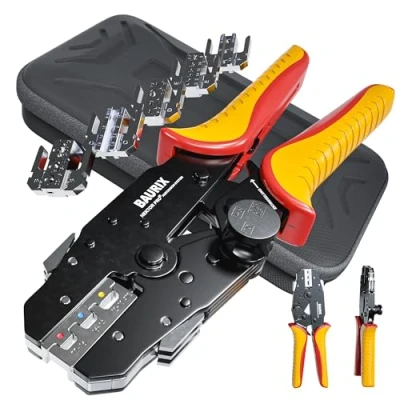 Abbildung von BAURIX® Crimpzange mit Wechselbacken, Crimpzangen Set, Krimpzange für Kabelschuhe, Flachsteckhülsen, Aderendhülsen, Quetschverbinder &amp; Stoßverbinder, Krimpzangenset, Kabelzange, Crimping Pliers