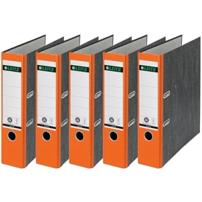 Abbildung von Leitz Qualitäts Ordner, das Original, DIN A4 Aktenordner 8 cm breit, Wolkenmarmor Papier, Recycling Blauer Engel, Mit 180 Mechanik, Höchste Stabilität (Breit, Orange, 5 Stück)