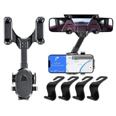 Abbildung von Anlising Multifunktionale Handyhalterung Rückspiegel, Auto,Auto Rückspiegel Handyhalter,360 Grad Drehbarer Und Einziehbarer Autotelefonhalter,Senden 4 Auto Haken, für Alle Mobiltelefone