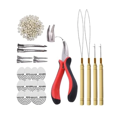 Abbildung von Microring Extensions Set: Zange, Nadel und 200 Stück 5.0mm Nanoringe mit Silikon (blond)