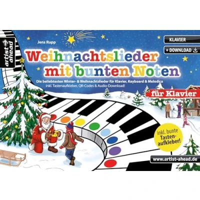 Abbildung von Weihnachtslieder mit bunten Noten für Klavier: Die beliebtesten Winter &amp; Klavier, Keyboard Melodica (inkl. Tastenaufkleber, QR Codes Audio Download). Klaviernoten. Anfänger