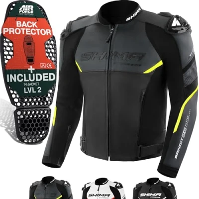 Abbildung von SHIMA BANDIT Motorrad Jacke Herren mit Protektoren AIRFORCE Rückenprotektor Leder Motorradjacke Sommer Schulter Protektor Ellbogen Lederjacke Schutzjacken Motorradkombi Stadt (Männer, Fluo, 54)