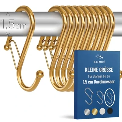 Abbildung von Blau Marité 10 Stück S Haken Klein für Stangen bis zu 1,5 cm Durchmesser Kleine zum Einhänge mit Sicherheitsschnalle Metall Bad, Küche und Garten Spind Gold